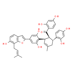 ChemSpider 2D Image | [(1S,2R,6R)-2-{2,6-Dihydroxy-4-[6-hydroxy-7-(3-methyl-2-buten-1-yl)-1-benzofuran-2-yl]phenyl}-6-(2,4-dihydroxyphenyl)-4-methyl-3-cyclohexen-1-yl](2,4-dihydroxyphenyl)methanone | C39H36O9