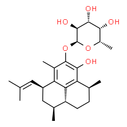 ChemSpider 2D Image | (1S,3S,7S,9aR)-6-Hydroxy-1,4,7-trimethyl-3-(2-methyl-1-propen-1-yl)-2,3,7,8,9,9a-hexahydro-1H-phenalen-5-yl 6-deoxy-alpha-L-galactopyranoside | C26H38O6