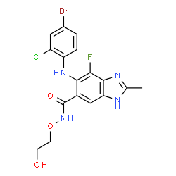 ChemSpider 2D Image | 5-[(4-Bromo-2-chlorophenyl)amino]-4-fluoro-N-(2-hydroxyethoxy)-2-methyl-1H-benzimidazole-6-carboxamide | C17H15BrClFN4O3