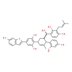 ChemSpider 2D Image | 4-[(E)-{5-[2,6-Dihydroxy-4-(6-hydroxy-1-benzofuran-2-yl)phenyl]-2-(2,4-dihydroxyphenyl)-3-methyl-3-cyclohexen-1-ylidene}(hydroxy)methyl]-2-(3-methyl-2-buten-1-yl)-1,3-benzenediol | C39H36O9