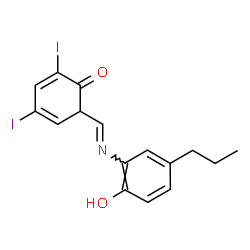 ChemSpider 2D Image | 6-{(E)-[(2-Hydroxy-5-propylphenyl)imino]methyl}-2,4-diiodo-2,4-cyclohexadien-1-one | C16H15I2NO2
