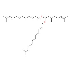 ChemSpider 2D Image | 1-({3,7-Dimethyl-1-[(11-methyldodecyl)oxy]-6-octen-1-yl}oxy)-11-methyldodecane | C36H72O2