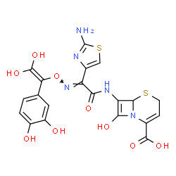 ChemSpider 2D Image | 7-{[(2E)-2-(2-Amino-1,3-thiazol-4-yl)-2-({[1-(3,4-dihydroxyphenyl)-2,2-dihydroxyvinyl]oxy}imino)acetyl]amino}-8-hydroxy-5-thia-1-azabicyclo[4.2.0]octa-2,7-diene-2-carboxylic acid | C20H17N5O9S2