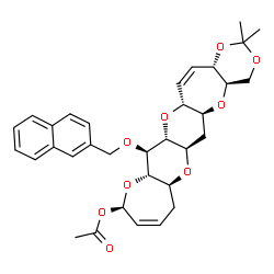 ChemSpider 2D Image | (4aR,5aS,6aR,7aS,11R,12aS,13S,13aR,14aR,16aS)-2,2-Dimethyl-13-(2-naphthylmethoxy)-4a,5a,6,6a,7a,8,11,12a,13,13a,14a,16a-dodecahydro-4H-[1,3]dioxino[5,4-b]oxepino[2'',3'':5',6']pyrano[2',3':5,6]pyrano[
2,3-f]oxepin-11-yl acetate | C33H38O9