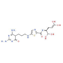 ChemSpider 2D Image | 5-{[3-(2,6-Diamino-4-oxo-4,5-dihydro-5-pyrimidinyl)propyl]amino}-N-[(2Z)-1,1,5,5-tetrahydroxy-4-penten-2-ylidene]-1,3-thiazole-2-carboxamide | C16H21N7O6S