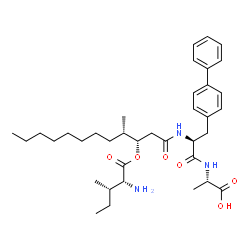 ChemSpider 2D Image | (2S)-2-{[(2S)-2-{[(3S,4S)-3-{[(2R,3S)-2-Amino-3-methylpentanoyl]oxy}-4-methyldodecanoyl]amino}-3-(4-biphenylyl)propanoyl]amino}propanoic acid | C37H55N3O6