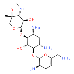 ChemSpider 2D Image | (1S,2S,3R,4S,6R)-4,6-Diamino-3-{[(3R)-3-amino-6-(aminomethyl)-3,4-dihydro-2H-pyran-2-yl]oxy}-2-hydroxycyclohexyl 3-deoxy-4-C-methyl-3-(methylamino)-beta-L-arabinopyranoside | C19H37N5O7