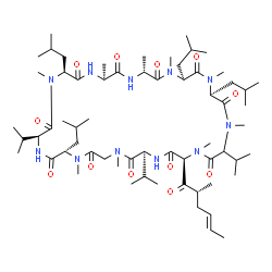 ChemSpider 2D Image | (6S,9S,12R,15S,18S,21S,24S,30S,33S)-6,9,18,24-Tetraisobutyl-3,21,30-triisopropyl-1,4,7,10,12,15,19,25,28-nonamethyl-33-[(2R,4E)-2-methyl-4-hexenoyl]-1,4,7,10,13,16,19,22,25,28,31-undecaazacyclotritria
contane-2,5,8,11,14,17,20,23,26,29,32-undecone | C63H111N11O12