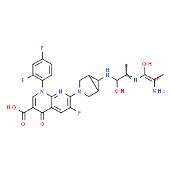 ChemSpider 2D Image | 7-(6-{[(2E)-2-{[(1E)-2-Amino-1-hydroxy-1-propen-1-yl]imino}-1-hydroxypropyl]amino}-3-azabicyclo[3.1.0]hex-3-yl)-1-(2,4-difluorophenyl)-6-fluoro-4-oxo-1,4-dihydro-1,8-naphthyridine-3-carboxylic acid | C26H25F3N6O5