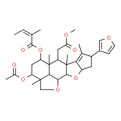 ChemSpider 2D Image | 3-Acetoxy-8-(3-furyl)-6-(2-methoxy-2-oxoethyl)-2a,5a,6a,7-tetramethyl-2a,4,5,5a,6,6a,8,9,9a,10a,10b,10c-dodecahydro-2H,3H-cyclopenta[b]furo[2',3',4':4,5]naphtho[2,3-d]furan-5-yl (2Z)-2-methyl-2-buteno
ate | C34H44O9