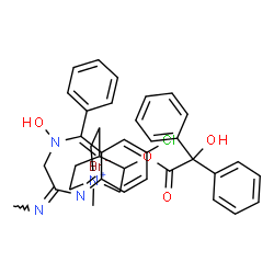 ChemSpider 2D Image | 3-[2-Hydroxy(diphenyl)acetoxy]-1-methyl-1-azoniabicyclo[2.2.2]octane bromide - (2E)-7-chloro-2-(methylimino)-5-phenyl-2,3-dihydro-4H-1,4-benzodiazepin-4-ol (1:1:1) | C38H40BrClN4O4