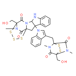 ChemSpider 2D Image | 14-(Hydroxymethyl)-3-(3-{[4-(hydroxymethyl)-5,7-dimethyl-6,8-dioxo-2,3-dithia-5,7-diazabicyclo[2.2.2]oct-1-yl]methyl}-1H-indol-1-yl)-19-methyl-15,16,17-trithia-10,12,19-triazapentacyclo[12.3.2.0~1,12~
.0~3,11~.0~4,9~]nonadeca-4,6,8-triene-13,18-dione | C31H30N6O6S5