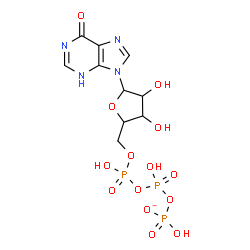 ChemSpider 2D Image | 9-{5-O-[Hydroxy({hydroxy[(hydroxyphosphinato)oxy]phosphoryl}oxy)phosphoryl]pentofuranosyl}-3,9-dihydro-6H-purin-6-one | C10H14N4O14P3