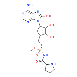 ChemSpider 2D Image | [5-(6-Amino-8-hydroxy-9H-purin-9-yl)-3,4-dihydroxytetrahydro-2-furanyl]methyl methyl (2-pyrrolidinylcarbonyl)phosphoramidate (non-preferred name) | C16H24N7O8P