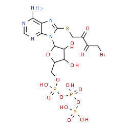 ChemSpider 2D Image | 8-[(4-Bromo-2,3-dioxobutyl)sulfanyl]-9-[5-O-(hydroxy{[hydroxy(phosphonooxy)phosphoryl]oxy}phosphoryl)pentofuranosyl]-9H-purin-6-amine | C14H19BrN5O15P3S