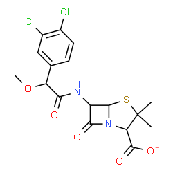 ChemSpider 2D Image | 6-{[(3,4-Dichlorophenyl)(methoxy)acetyl]amino}-3,3-dimethyl-7-oxo-4-thia-1-azabicyclo[3.2.0]heptane-2-carboxylate | C17H17Cl2N2O5S