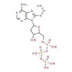 ChemSpider 2D Image | 9-[2-Deoxy-5-O-(hydroxy{[hydroxy(phosphonooxy)phosphoryl]oxy}phosphoryl)pentofuranosyl]-8-(1,2-triazadien-2-ium-1-yl)-9H-purin-6-amine | C10H16N8O12P3