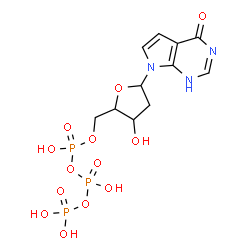 ChemSpider 2D Image | 7-[2-Deoxy-5-O-(hydroxy{[hydroxy(phosphonooxy)phosphoryl]oxy}phosphoryl)pentofuranosyl]-1,7-dihydro-4H-pyrrolo[2,3-d]pyrimidin-4-one | C11H16N3O13P3