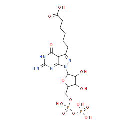 ChemSpider 2D Image | 3-(5-Carboxypentyl)-1-{5-O-[hydroxy(phosphonooxy)phosphoryl]pentofuranosyl}-6-imino-1,3a,5,6-tetrahydro-4H-pyrazolo[3,4-d]pyrimidin-4-one | C16H25N5O13P2