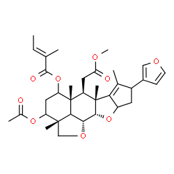 ChemSpider 2D Image | (2aR,5aR,6R,6aR,10aS,10bR)-3-Acetoxy-8-(3-furyl)-6-(2-methoxy-2-oxoethyl)-2a,5a,6a,7-tetramethyl-2a,4,5,5a,6,6a,8,9,9a,10a,10b,10c-dodecahydro-2H,3H-cyclopenta[b]furo[2',3',4':4,5]naphtho[2,3-d]furan-
5-yl (2E)-2-methyl-2-butenoate | C34H44O9