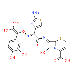 ChemSpider 2D Image | (7E)-7-{[(2E)-2-(2-Amino-1,3-thiazol-4-yl)-2-({[1-(3,4-dihydroxyphenyl)-2,2-dihydroxyvinyl]oxy}imino)acetyl]imino}-8-hydroxy-5-thia-1-azabicyclo[4.2.0]oct-2-ene-2-carboxylic acid | C20H17N5O9S2