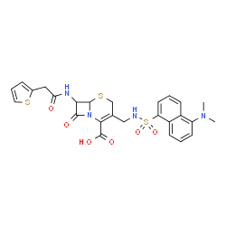 ChemSpider 2D Image | 3-[({[5-(Dimethylamino)-1-naphthyl]sulfonyl}amino)methyl]-8-oxo-7-[(2-thienylacetyl)amino]-5-thia-1-azabicyclo[4.2.0]oct-2-ene-2-carboxylic acid | C26H26N4O6S3