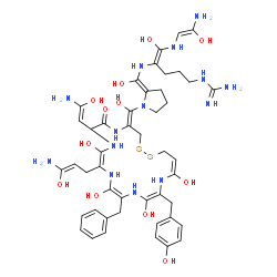 ChemSpider 2D Image | 1-[(4Z)-4-{[(Z)-{1-[(Z)-[(9E,12E,15E,18E)-10-[(2Z)-3-Amino-3-hydroxy-2-propen-1-yl]-7-[(Z)-2-amino-2-hydroxyvinyl]-13-benzyl-9,12,15,18-tetrahydroxy-16-(4-hydroxybenzyl)-6-oxo-1,2-dithia-5,8,11,14,17-
pentaazacycloicosa-9,12,15,18-tetraen-4-ylidene](hydroxy)methyl]-2-pyrrolidinylidene}(hydroxy)methyl]amino}-5-{[(Z)-2-amino-2-hydroxyvinyl]amino}-5-hydroxy-4-penten-1-yl]guanidine | C46H64N14O12S2
