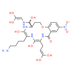 ChemSpider 2D Image | (6E,9E)-7-(4-Aminobutyl)-10-(3,3-dihydroxy-2-propen-1-yl)-4-{[(2,2-dihydroxyvinyl)amino](hydroxy)methylene}-6,9-dihydroxy-14-nitro-2,3,4,5,8,11-hexahydro-12H-1,5,8,11-benzoxatriazacyclotetradecin-12-o
ne | C24H32N6O11
