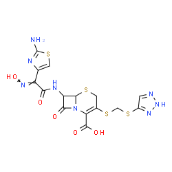 ChemSpider 2D Image | 7-{[(2E)-2-(2-Amino-1,3-thiazol-4-yl)-2-(hydroxyimino)acetyl]amino}-8-oxo-3-{[(2H-1,2,3-triazol-4-ylsulfanyl)methyl]sulfanyl}-5-thia-1-azabicyclo[4.2.0]oct-2-ene-2-carboxylic acid | C15H14N8O5S4