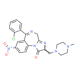 ChemSpider 2D Image | (2Z)-6-(2-Chlorophenyl)-2-[(4-methyl-1-piperazinyl)methylene]-8-nitro-2,4-dihydro-1H-imidazo[1,2-a][1,4]benzodiazepin-1-one | C23H21ClN6O3