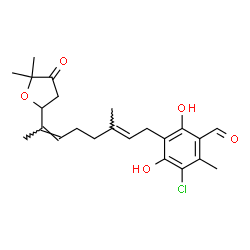 ChemSpider 2D Image | 3-Chloro-5-[(2E,6Z)-7-(5,5-dimethyl-4-oxotetrahydro-2-furanyl)-3-methyl-2,6-octadien-1-yl]-4,6-dihydroxy-2-methylbenzaldehyde | C23H29ClO5