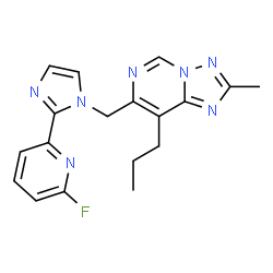 ChemSpider 2D Image | 7-{[2-(6-Fluoro-2-pyridinyl)-1H-imidazol-1-yl]methyl}-2-methyl-8-propyl[1,2,4]triazolo[1,5-c]pyrimidine | C18H18FN7