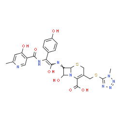ChemSpider 2D Image | (7E)-8-Hydroxy-7-{[(Z)-1-hydroxy-2-{[(4-hydroxy-6-methyl-3-pyridinyl)carbonyl]amino}-2-(4-hydroxyphenyl)vinyl]imino}-3-{[(1-methyl-1H-tetrazol-5-yl)sulfanyl]methyl}-5-thia-1-azabicyclo[4.2.0]oct-2-ene
-2-carboxylic acid | C25H24N8O7S2
