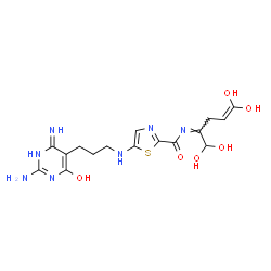 ChemSpider 2D Image | 5-{[3-(2-Amino-4-hydroxy-6-imino-1,6-dihydro-5-pyrimidinyl)propyl]amino}-N-[(2Z)-1,1,5,5-tetrahydroxy-4-penten-2-ylidene]-1,3-thiazole-2-carboxamide | C16H21N7O6S