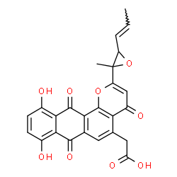 ChemSpider 2D Image | (8,11-Dihydroxy-2-{2-methyl-3-[(1E)-1-propen-1-yl]-2-oxiranyl}-4,7,12-trioxo-7,12-dihydro-4H-naphtho[2,3-h]chromen-5-yl)acetic acid | C25H18O9