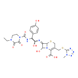 ChemSpider 2D Image | (7E)-7-{[(Z)-2-{[(4-Ethyl-2,3-dioxo-1-piperazinyl)carbonyl]amino}-1-hydroxy-2-(4-hydroxyphenyl)vinyl]imino}-8-hydroxy-3-{[(1-methyl-1H-tetrazol-5-yl)sulfanyl]methyl}-5-thia-1-azabicyclo[4.2.0]oct-2-en
e-2-carboxylic acid | C25H27N9O8S2