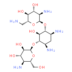 ChemSpider 2D Image | (1R,2S,3S,4R,6S)-4,6-Diamino-3-[(4-amino-4-deoxy-alpha-D-glucopyranosyl)oxy]-2-hydroxycyclohexyl 2,6-diamino-2,6-dideoxy-alpha-D-glucopyranoside | C18H37N5O10
