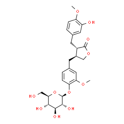 ChemSpider 2D Image | 4-{[(3S,4S)-4-(3-Hydroxy-4-methoxybenzyl)-5-oxotetrahydro-3-furanyl]methyl}-2-methoxyphenyl beta-D-glucopyranoside | C26H32O11