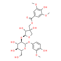 ChemSpider 2D Image | 4-Hydroxy-3-methoxyphenyl 2-O-[(2S,3R,4S)-3,4-dihydroxy-4-{[(4-hydroxy-3,5-dimethoxybenzoyl)oxy]methyl}tetrahydro-2-furanyl]-beta-D-glucopyranoside | C27H34O16