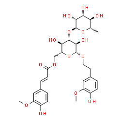 ChemSpider 2D Image | 2-(4-Hydroxy-3-methoxyphenyl)ethyl 3-O-(6-deoxy-alpha-L-mannopyranosyl)-6-O-[(2E)-3-(4-hydroxy-3-methoxyphenyl)-2-propenoyl]-beta-D-glucopyranoside | C31H40O15