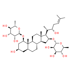 ChemSpider 2D Image | (1beta,3beta,5alpha,16beta,22S)-1-[(6-Deoxy-alpha-L-mannopyranosyl)oxy]-3,22-dihydroxycholest-24-en-16-yl 6-deoxy-alpha-L-mannopyranoside | C39H66O12