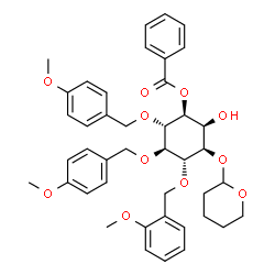 ChemSpider 2D Image | (1S,2S,3R,4R,5R,6S)-2-Hydroxy-4-[(2-methoxybenzyl)oxy]-5,6-bis[(4-methoxybenzyl)oxy]-3-(tetrahydro-2H-pyran-2-yloxy)cyclohexyl benzoate | C42H48O11