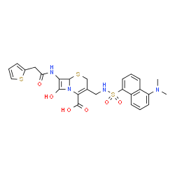 ChemSpider 2D Image | 3-[({[5-(Dimethylamino)-1-naphthyl]sulfonyl}amino)methyl]-8-hydroxy-7-[(2-thienylacetyl)amino]-5-thia-1-azabicyclo[4.2.0]octa-2,7-diene-2-carboxylic acid | C26H26N4O6S3