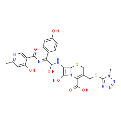 ChemSpider 2D Image | 8-Hydroxy-7-{[(2E)-1-hydroxy-2-{[(4-hydroxy-6-methyl-3-pyridinyl)carbonyl]imino}-2-(4-hydroxyphenyl)ethyl]amino}-3-{[(1-methyl-1H-tetrazol-5-yl)sulfanyl]methyl}-5-thia-1-azabicyclo[4.2.0]octa-2,7-dien
e-2-carboxylic acid | C25H24N8O7S2