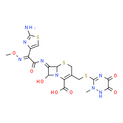 ChemSpider 2D Image | (7E)-7-{[(2E)-2-(2-Amino-1,3-thiazol-4-yl)-2-(methoxyimino)acetyl]imino}-8-hydroxy-3-{[(2-methyl-5,6-dioxo-1,2,5,6-tetrahydro-1,2,4-triazin-3-yl)sulfanyl]methyl}-5-thia-1-azabicyclo[4.2.0]oct-2-ene-2-
carboxylic acid | C18H18N8O7S3