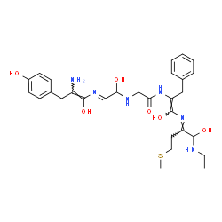 ChemSpider 2D Image | N~2~-[(2E)-2-{[(1E)-2-Amino-1-hydroxy-3-(4-hydroxyphenyl)-1-propen-1-yl]imino}-1-hydroxyethyl]-N-[(1Z)-1-{(E)-[1-(ethylamino)-1-hydroxy-4-(methylsulfanyl)-2-butanylidene]amino}-1-hydroxy-3-phenyl-1-pr
open-2-yl]glycinamide | C29H40N6O6S