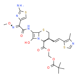 ChemSpider 2D Image | [(2,2-Dimethylpropanoyl)oxy]methyl 7-{[(2E)-2-(2-amino-1,3-thiazol-4-yl)-2-(methoxyimino)acetyl]amino}-8-hydroxy-3-[(E)-2-(4-methyl-1,3-thiazol-5-yl)vinyl]-5-thia-1-azabicyclo[4.2.0]octa-2,7-diene-2-c
arboxylate | C25H28N6O7S3
