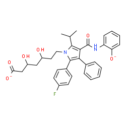 ChemSpider 2D Image | 7-{2-(4-Fluorophenyl)-5-isopropyl-4-[(2-oxidophenyl)carbamoyl]-3-phenyl-1H-pyrrol-1-yl}-3,5-dihydroxyheptanoate | C33H33FN2O6