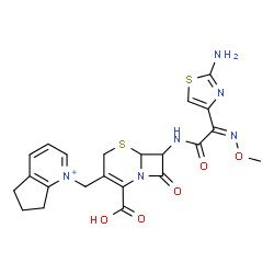 ChemSpider 2D Image | 1-[(7-{[(2Z)-2-(2-Amino-1,3-thiazol-4-yl)-2-(methoxyimino)acetyl]amino}-2-carboxy-8-oxo-5-thia-1-azabicyclo[4.2.0]oct-2-en-3-yl)methyl]-6,7-dihydro-5H-cyclopenta[b]pyridinium | C22H23N6O5S2
