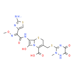 ChemSpider 2D Image | 7-{[(2E)-2-(2-Amino-1,3-thiazol-4-yl)-2-(methoxyimino)acetyl]amino}-8-hydroxy-3-{[(2-methyl-5,6-dioxo-1,2,5,6-tetrahydro-1,2,4-triazin-3-yl)sulfanyl]methyl}-5-thia-1-azabicyclo[4.2.0]octa-2,7-diene-2-
carboxylic acid | C18H18N8O7S3